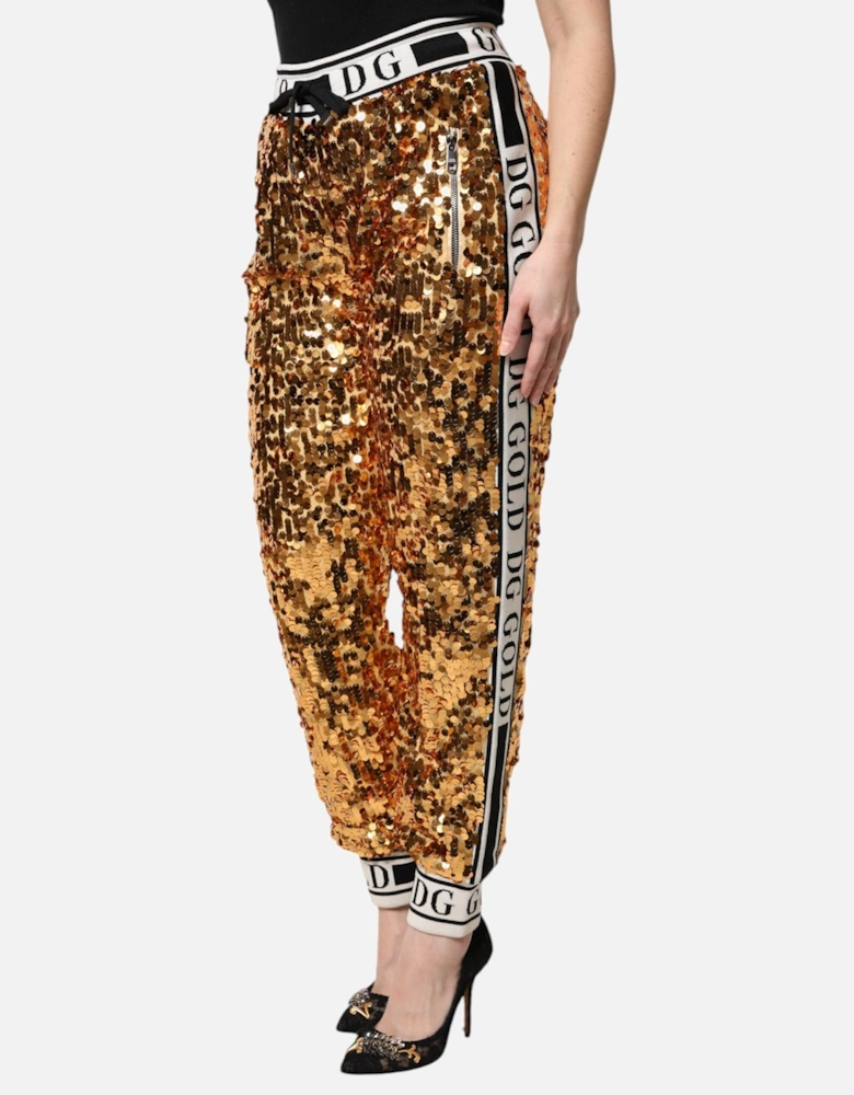 High Waisted Sequined Jogger Pants with Logo Print Women - Gold Jeans