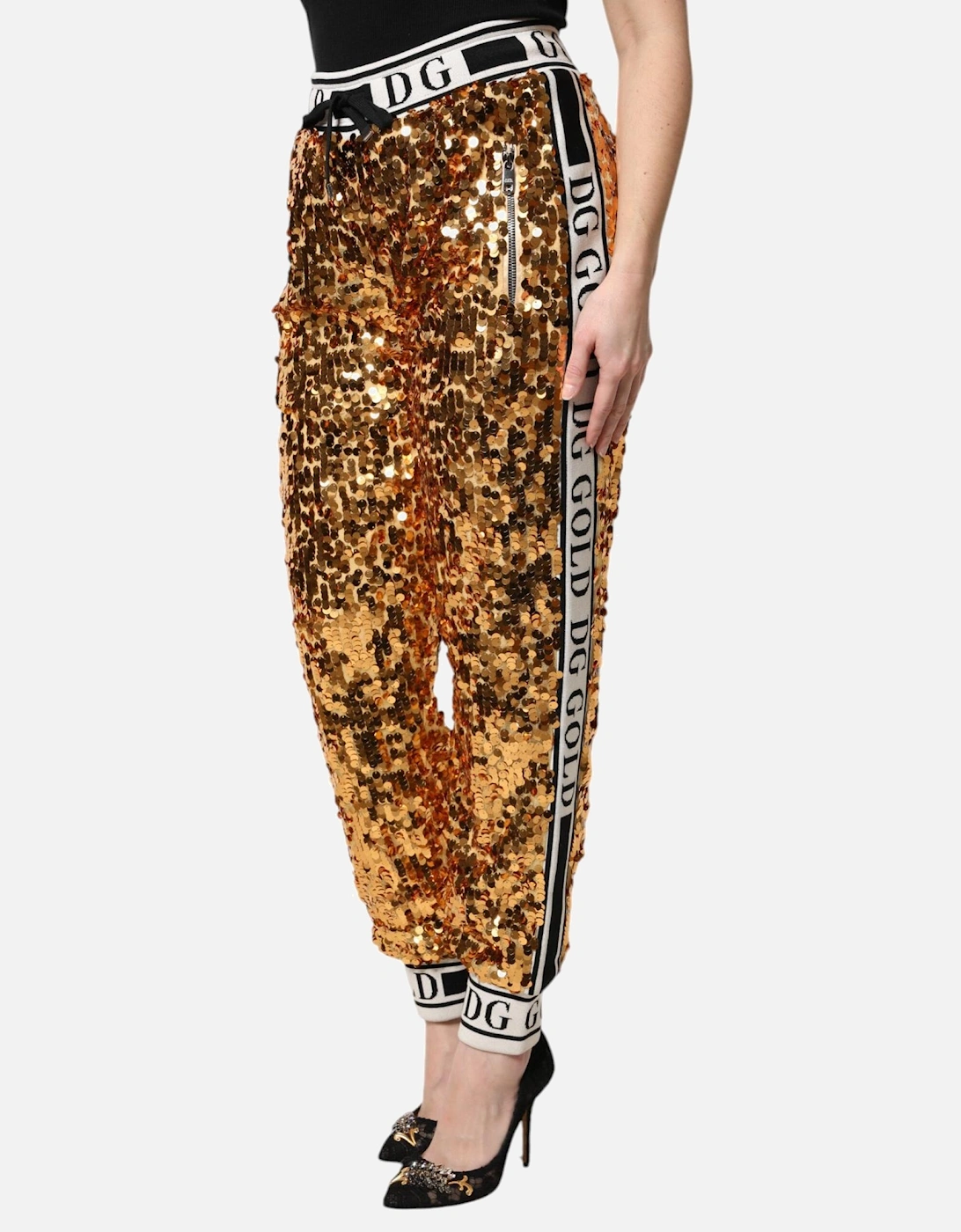 High Waisted Sequined Jogger Pants with Logo Print Women - Gold Jeans