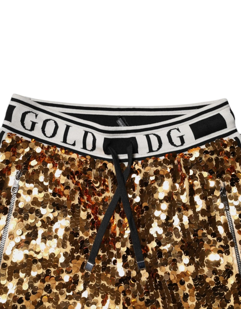 High Waisted Sequined Jogger Pants with Logo Print Women - Gold Jeans
