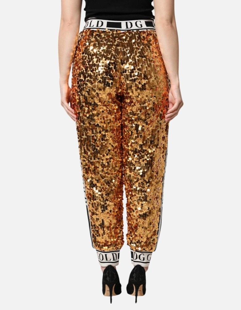 High Waisted Sequined Jogger Pants with Logo Print Women - Gold Jeans