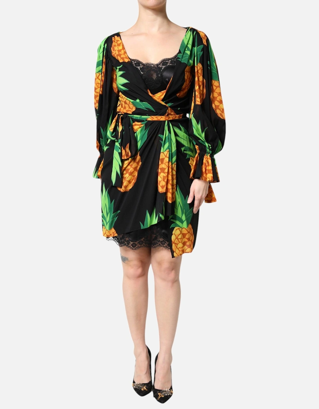 Vibrant Pineapple Print Silk Wrap Dress Women - Black Dresses, 6 of 5