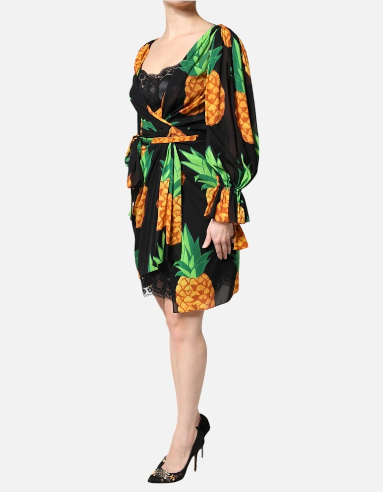 Vibrant Pineapple Print Silk Wrap Dress Women - Black Dresses