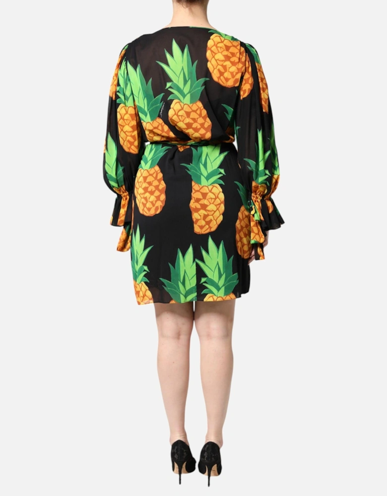 Vibrant Pineapple Print Silk Wrap Dress Women - Black Dresses