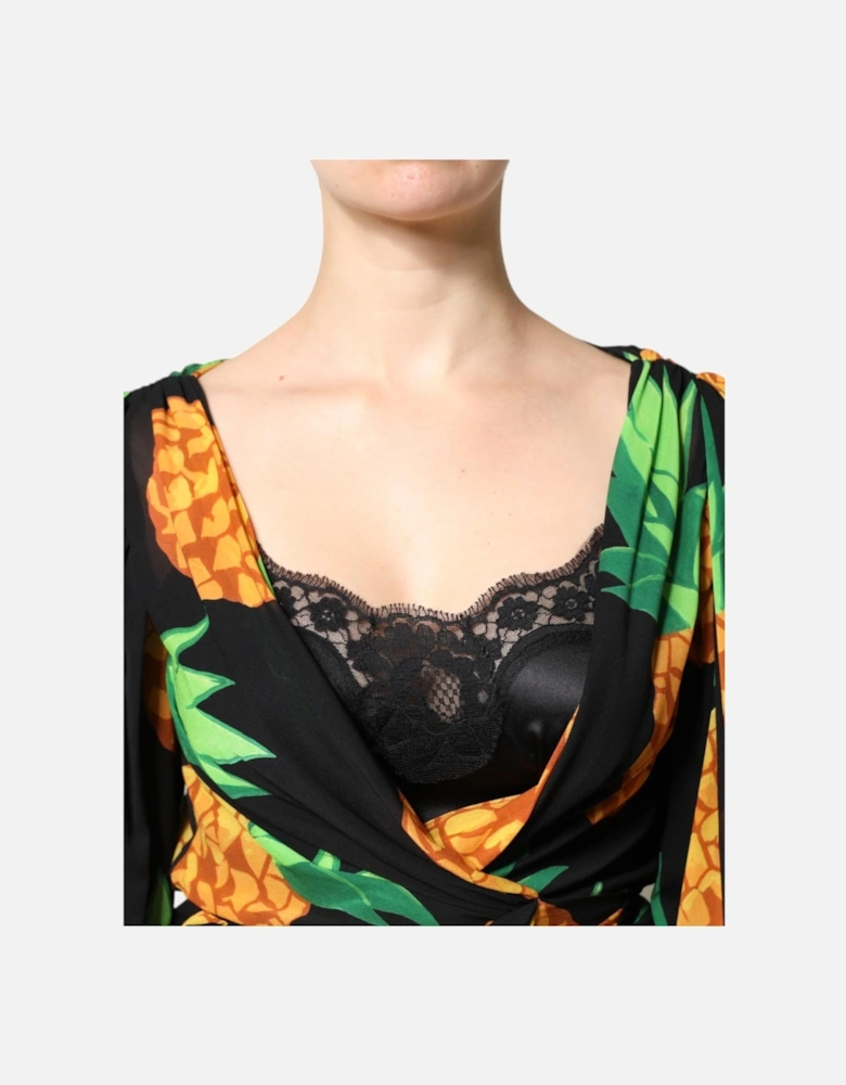 Vibrant Pineapple Print Silk Wrap Dress Women - Black Dresses