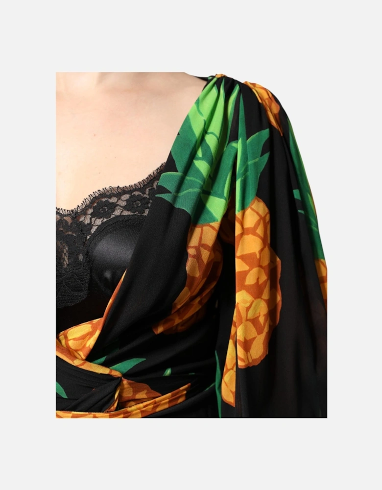 Vibrant Pineapple Print Silk Wrap Dress Women - Black Dresses
