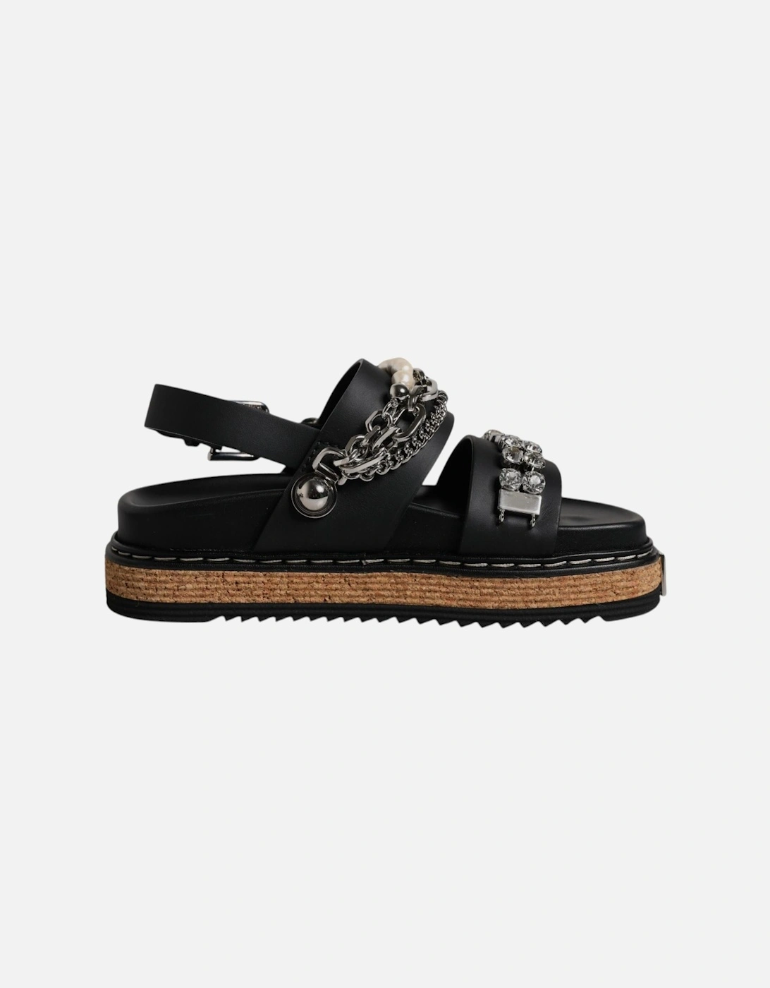 Crystal Embellished Leather Ankle Strap Flats Women - Black, 7 of 6