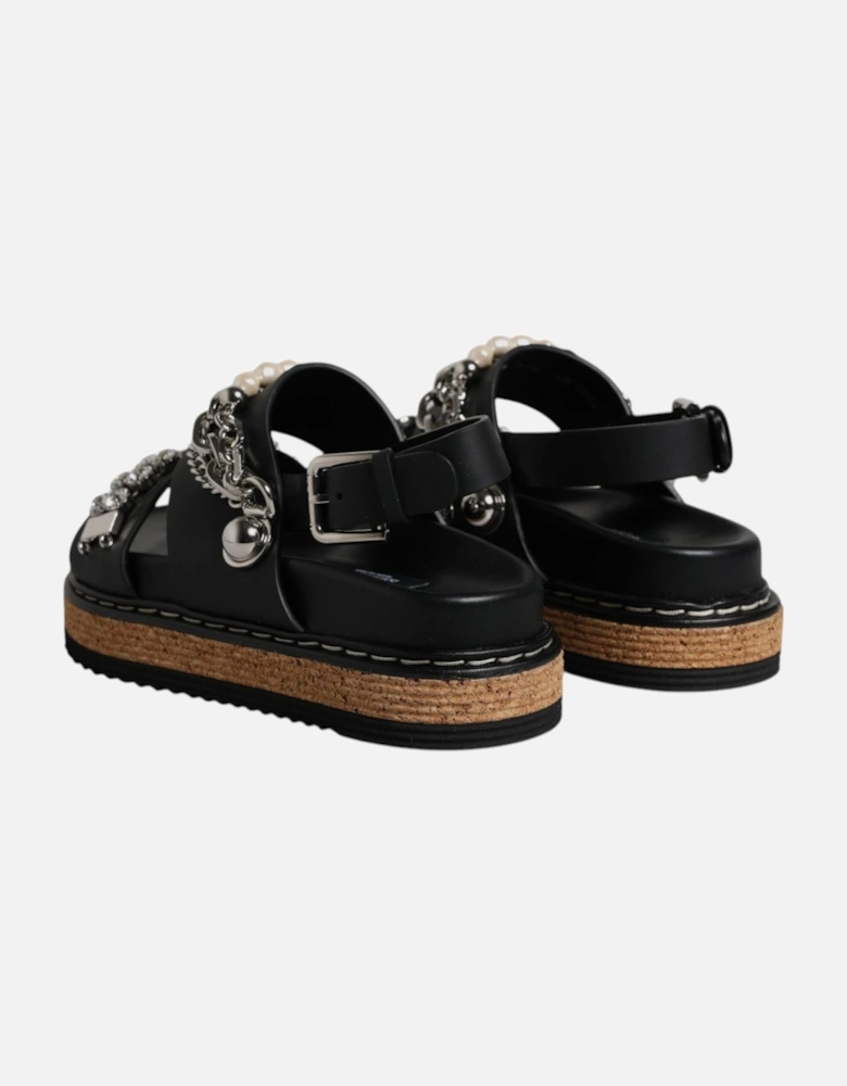 Crystal Embellished Leather Ankle Strap Flats Women - Black