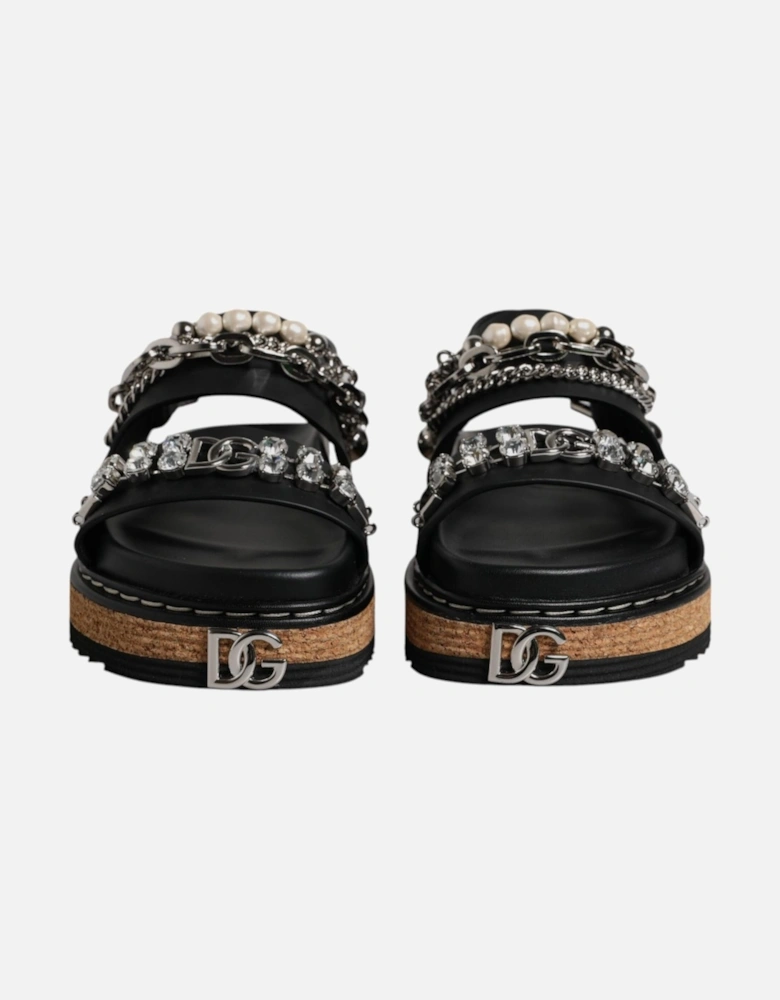 Crystal Embellished Leather Ankle Strap Flats Women - Black