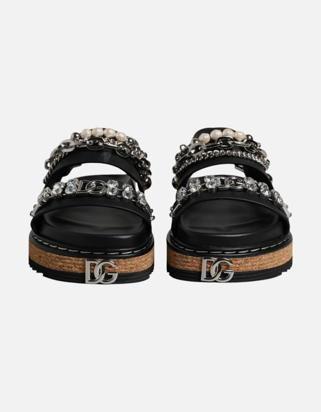 Crystal Embellished Leather Ankle Strap Flats Women - Black