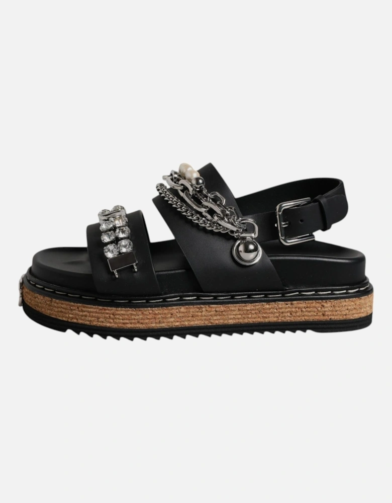 Crystal Embellished Leather Ankle Strap Flats Women - Black