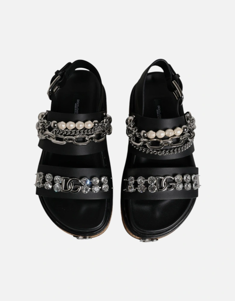 Crystal Embellished Leather Ankle Strap Flats Women - Black