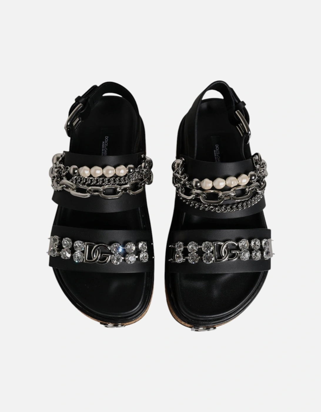 Crystal Embellished Leather Ankle Strap Flats Women - Black
