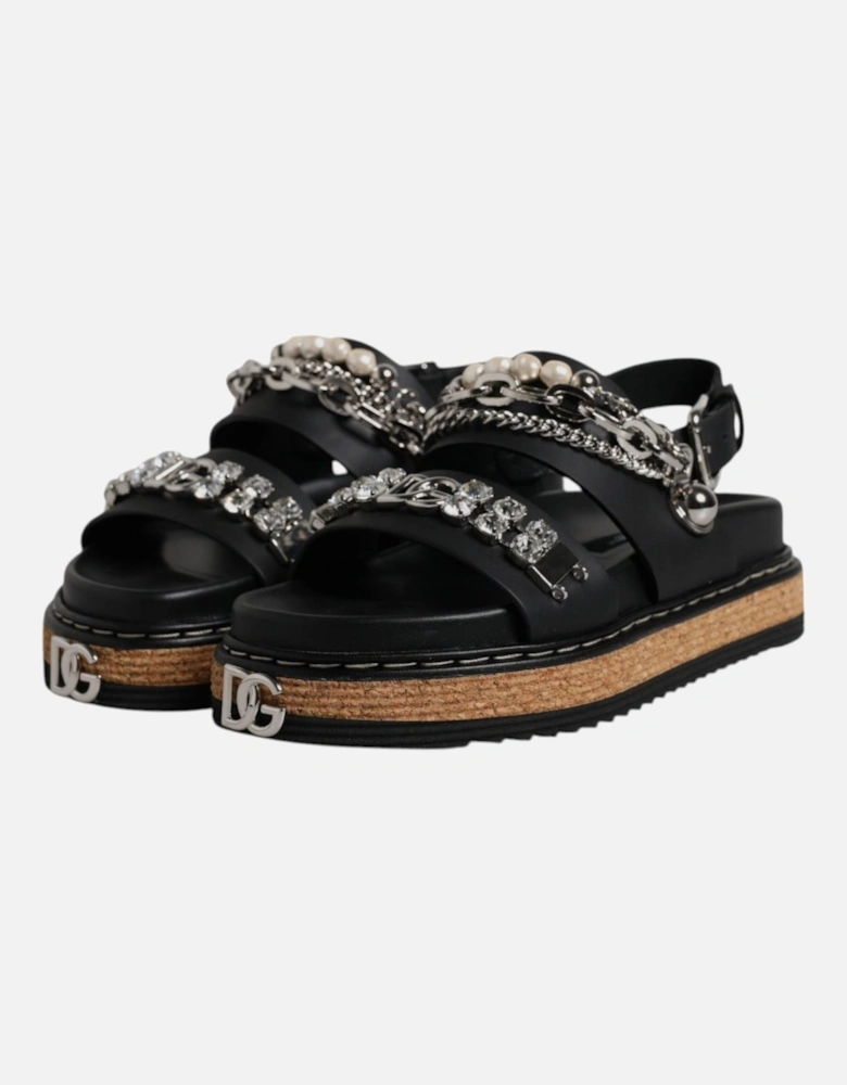Crystal Embellished Leather Ankle Strap Flats Women - Black