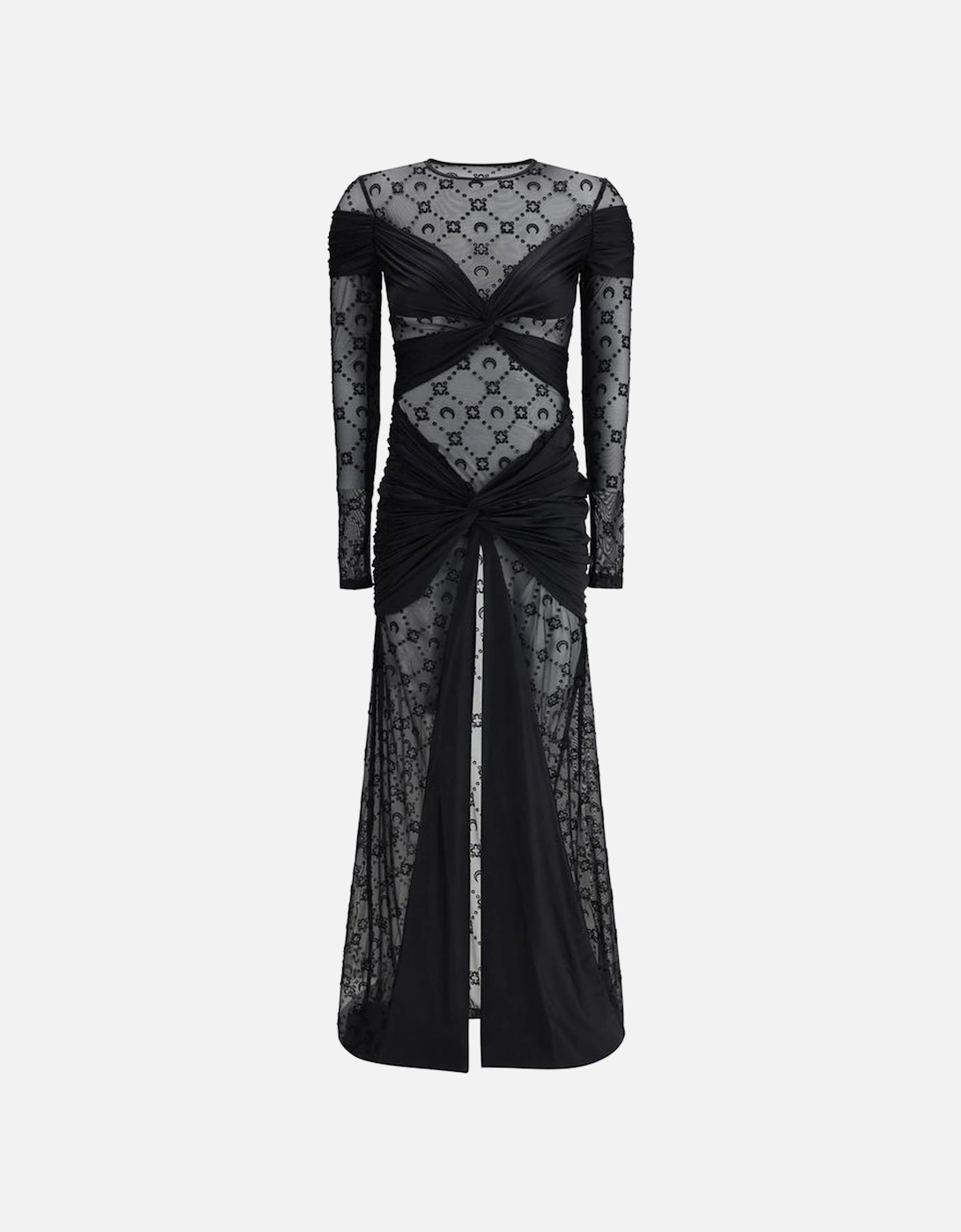 Draped Long Dress with Semi-Sheer Sleeves Women - Black Dresses, 4 of 3