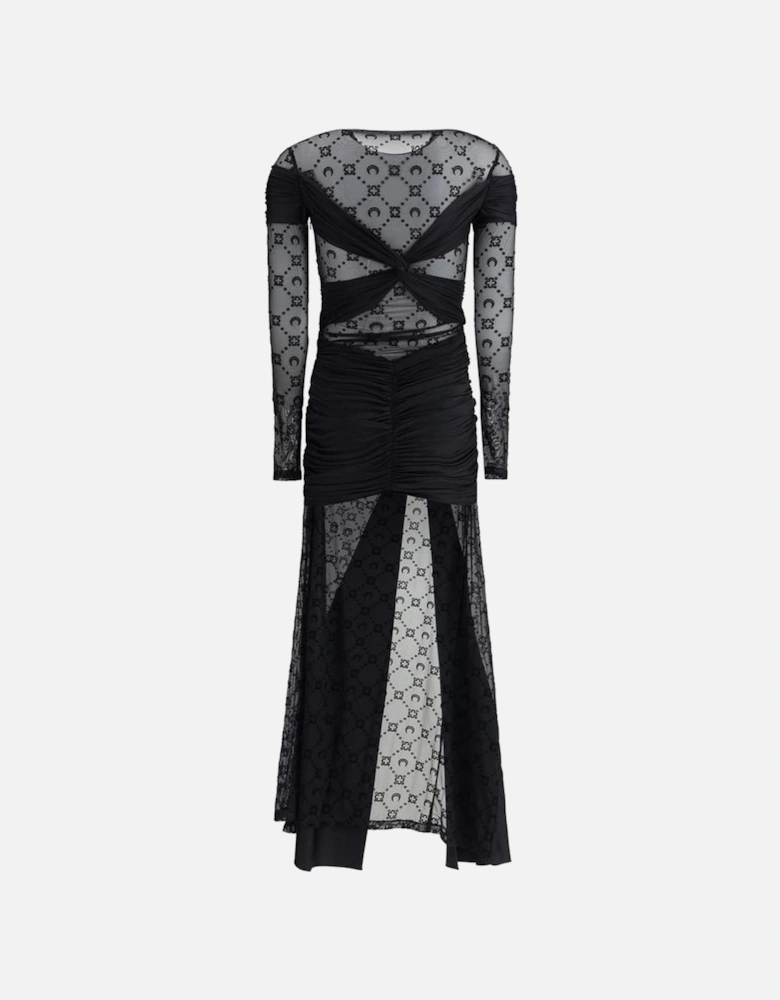 Draped Long Dress with Semi-Sheer Sleeves Women - Black Dresses