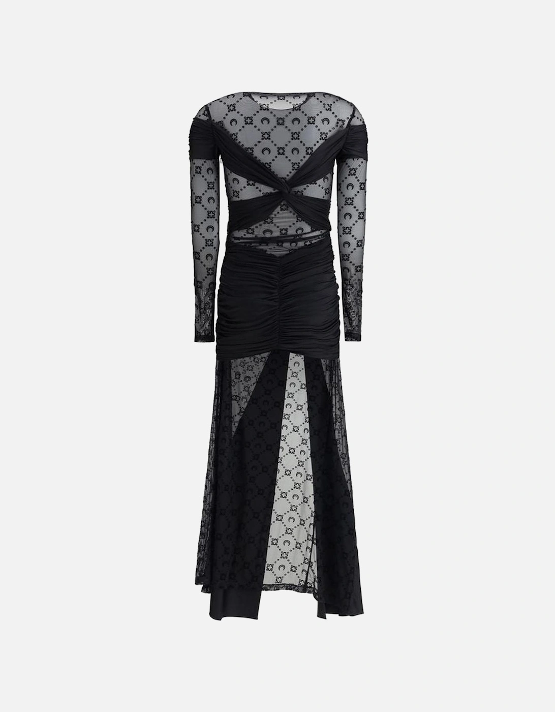 Draped Long Dress with Semi-Sheer Sleeves Women - Black Dresses