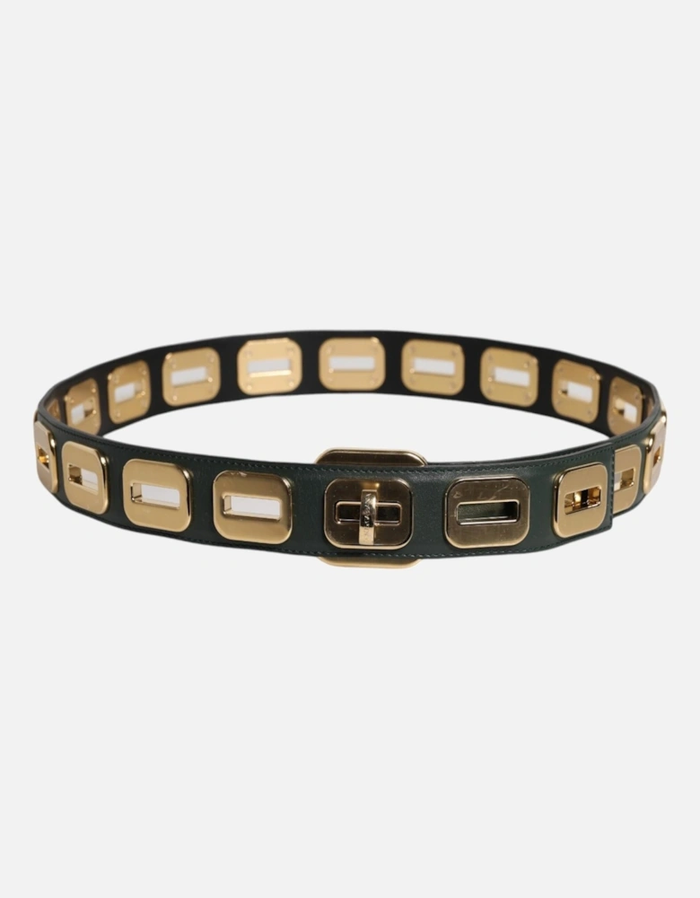 Gold-Tone Hardware Leather Belt with Square Links Women - Green