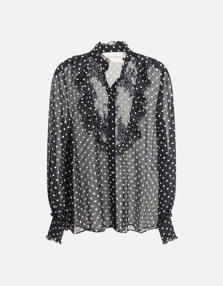 Silk Shirt with Polka Dots and Ruffle Details Women - Black