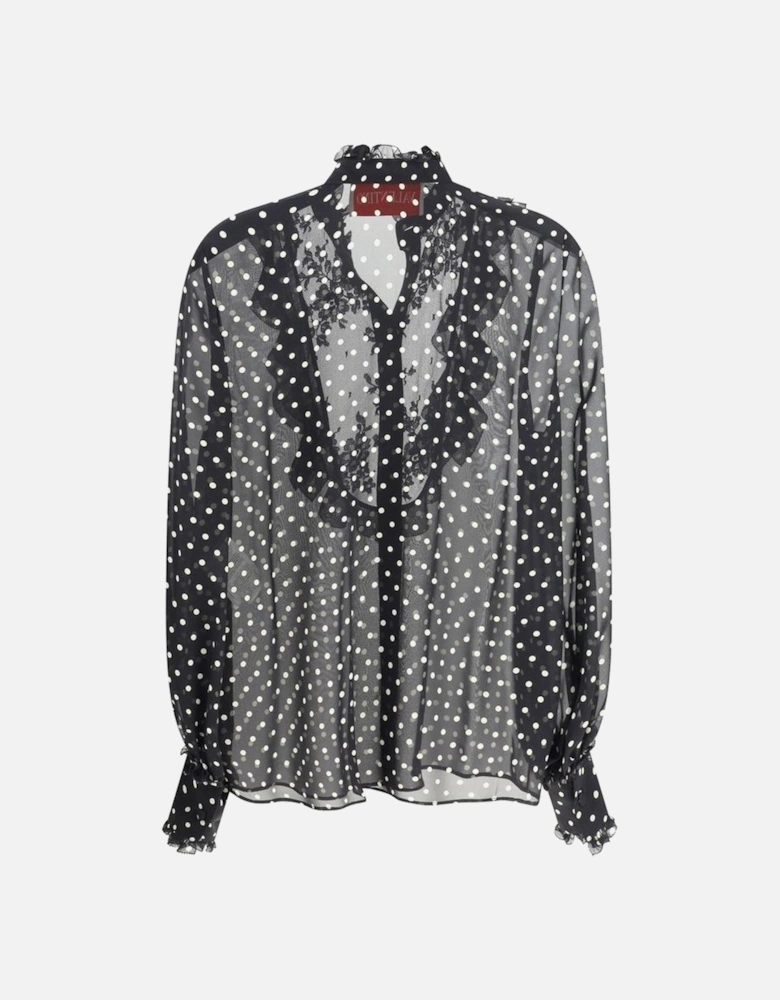 Silk Shirt with Polka Dots and Ruffle Details Women - Black