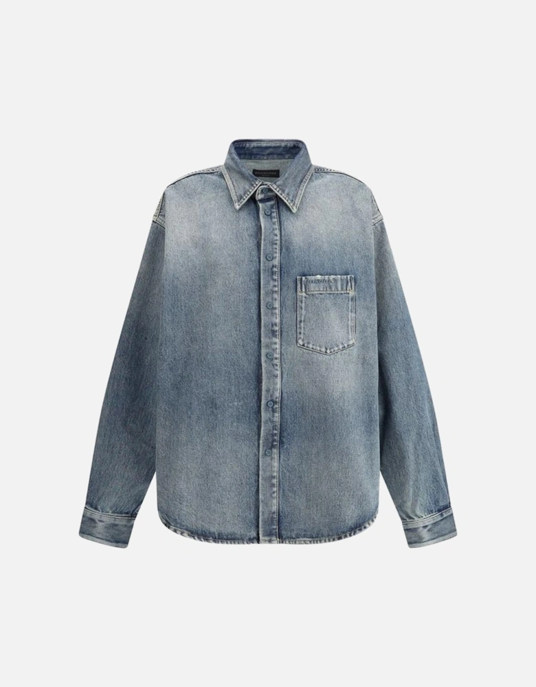 Denim-Effect Cotton Shirt with Monogram Applique Women - Blue