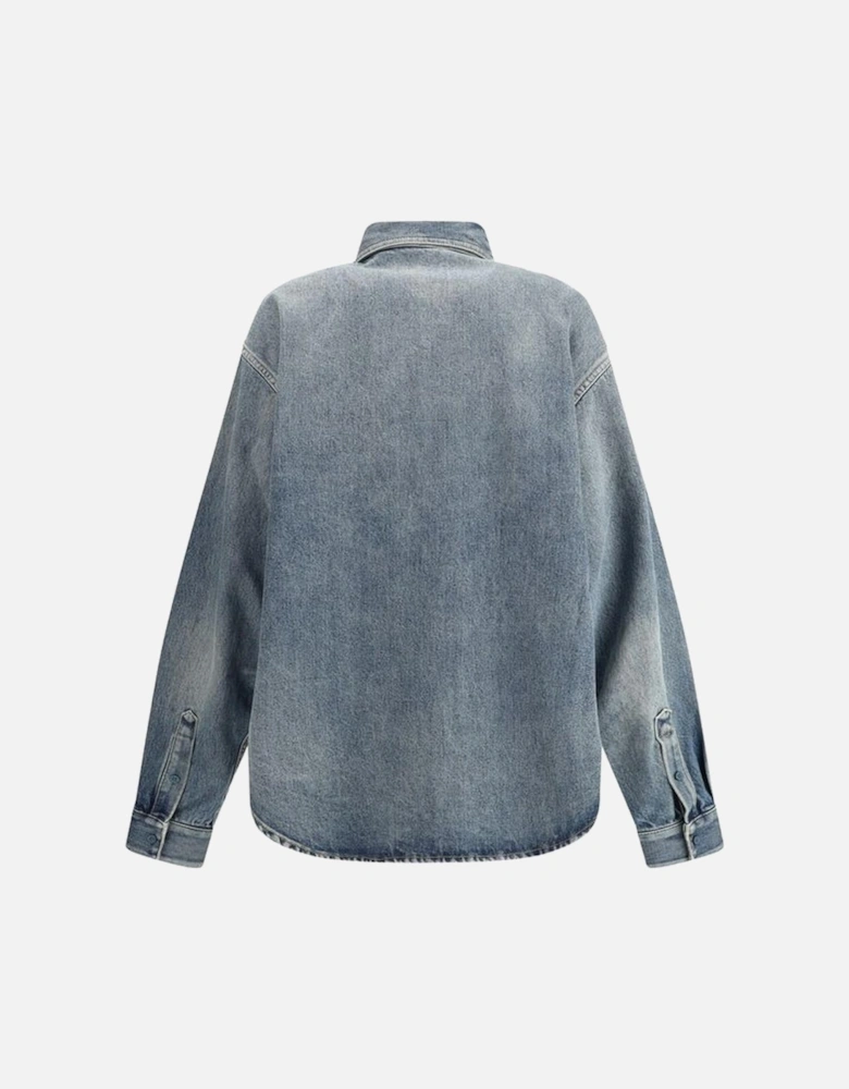 Denim-Effect Cotton Shirt with Monogram Applique Women - Blue