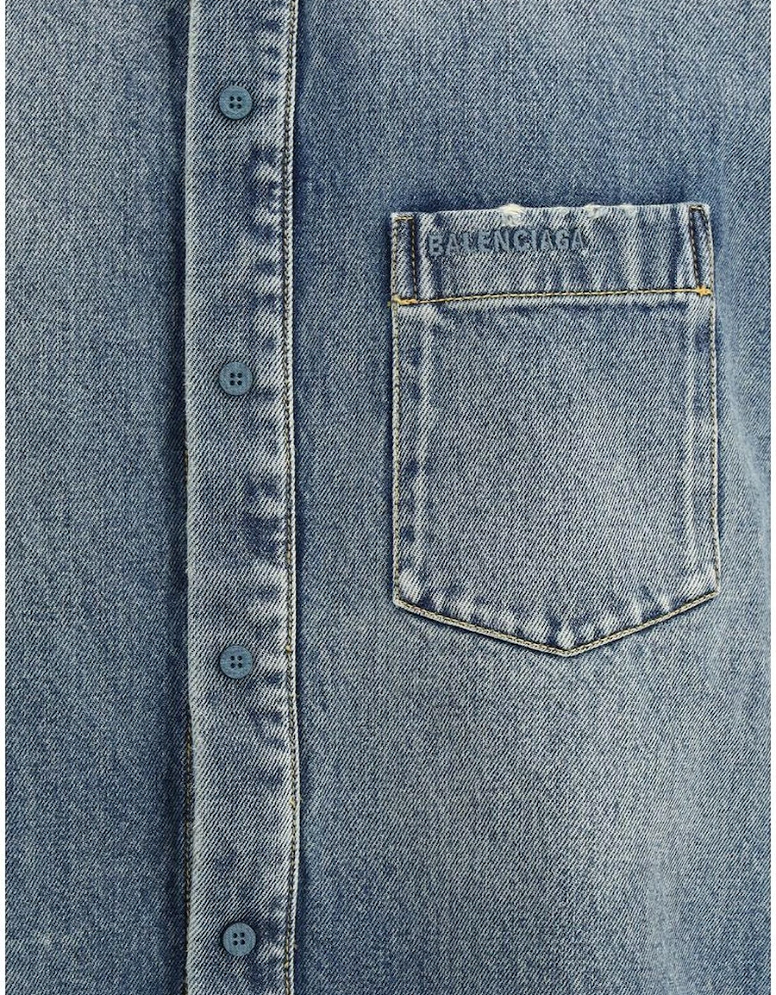 Denim-Effect Cotton Shirt with Monogram Applique Women - Blue