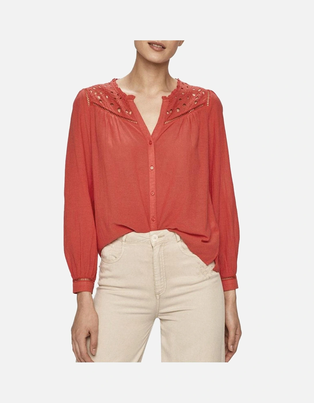 V-neck Long Sleeve Cotton-Viscose Shirt Women - Red, 4 of 3