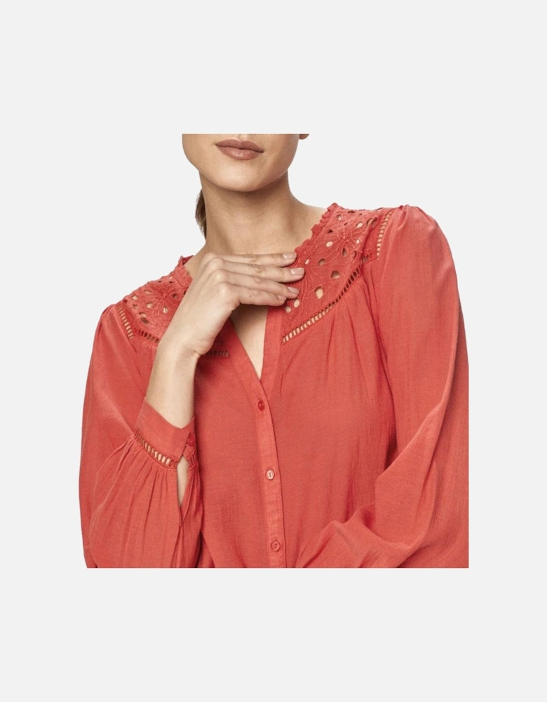 V-neck Long Sleeve Cotton-Viscose Shirt Women - Red