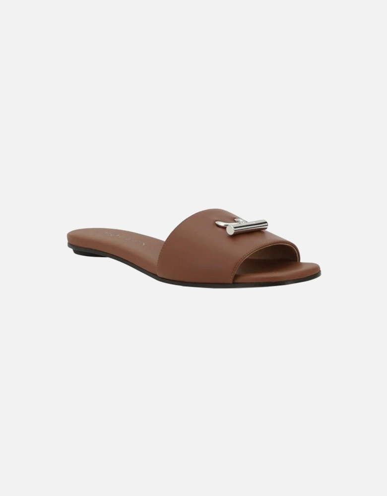 Leather Sandals with Metal Plaque and Squared Toe Women - Brown