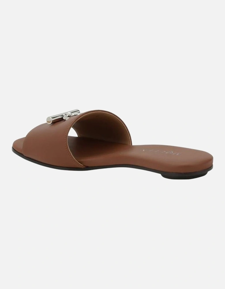 Leather Sandals with Metal Plaque and Squared Toe Women - Brown