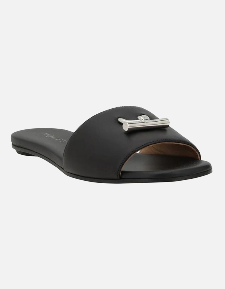 Leather Sandals with Metal Plaque and Squared Toe Women - Black