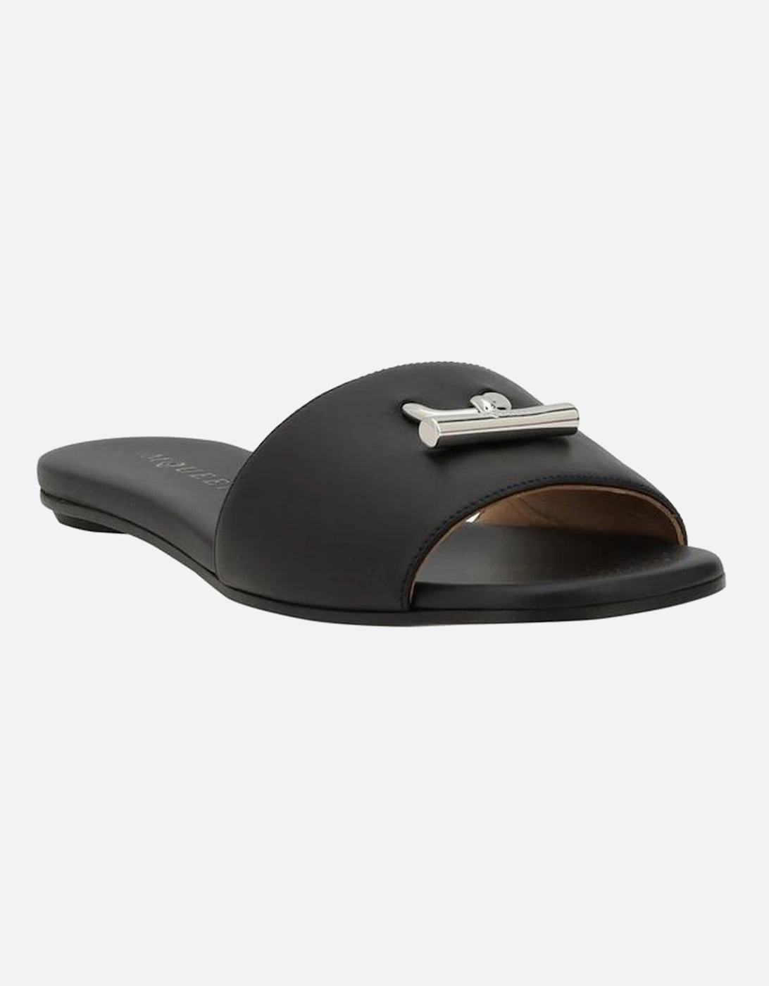Leather Sandals with Metal Plaque and Squared Toe Women - Black