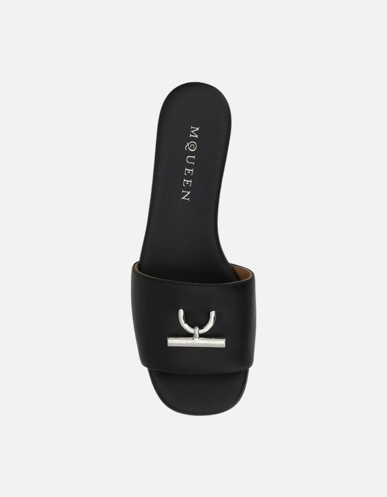 Leather Sandals with Metal Plaque and Squared Toe Women - Black
