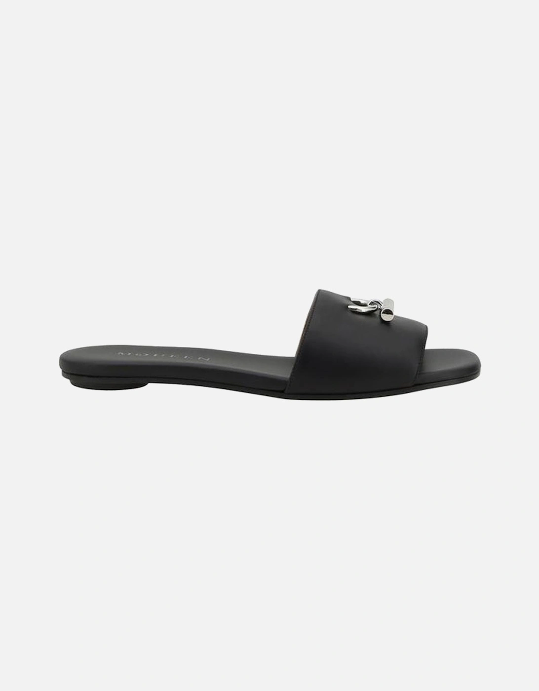 Leather Sandals with Metal Plaque and Squared Toe Women - Black, 5 of 4
