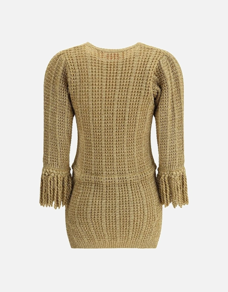 Lurex Knit V-Neck Dress with Tassel Sleeves Women - Gold Sweaters