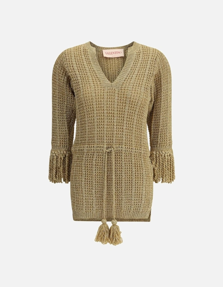 Lurex Knit V-Neck Dress with Tassel Sleeves Women - Gold Sweaters