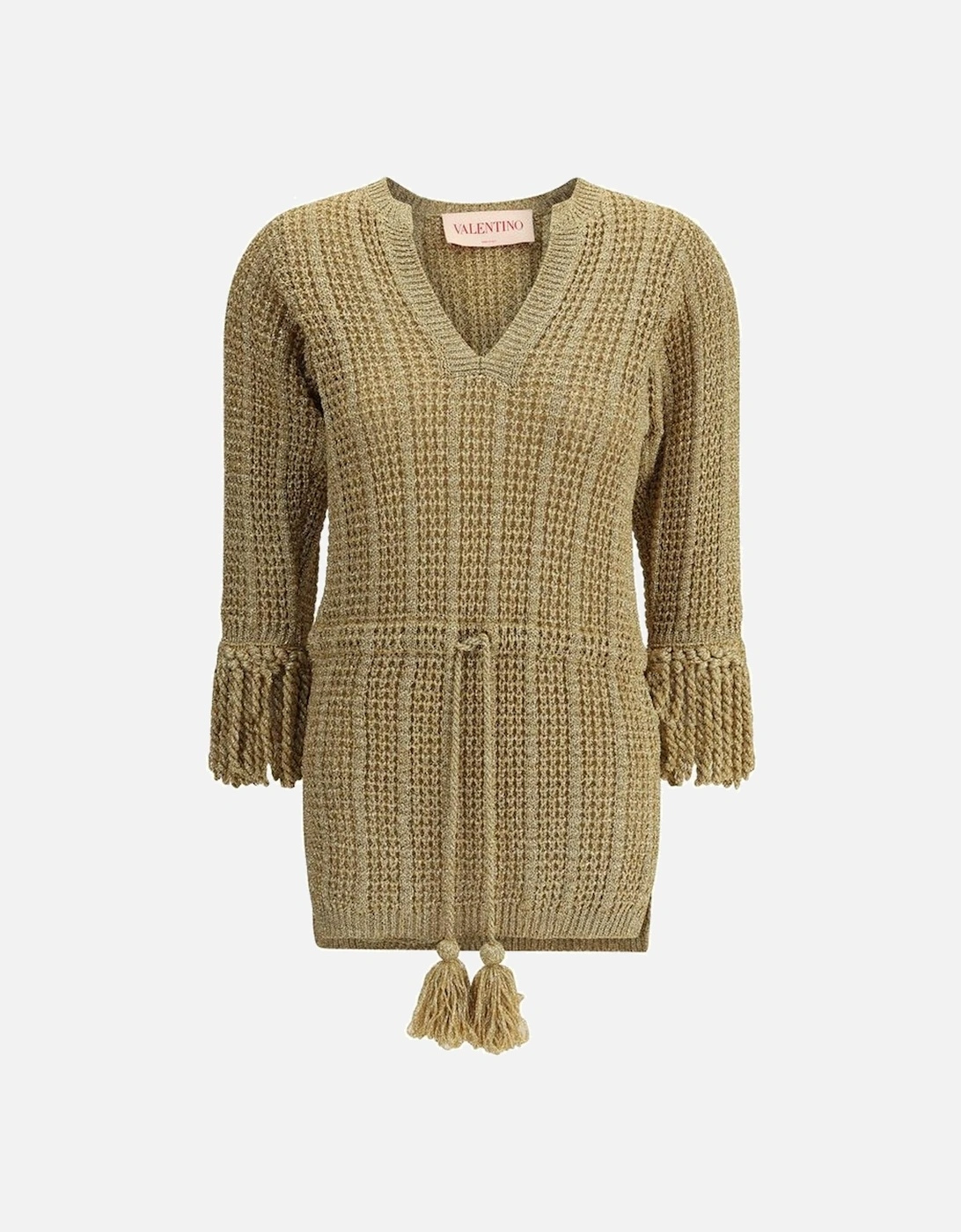 Lurex Knit V-Neck Dress with Tassel Sleeves Women - Gold Sweaters, 4 of 3
