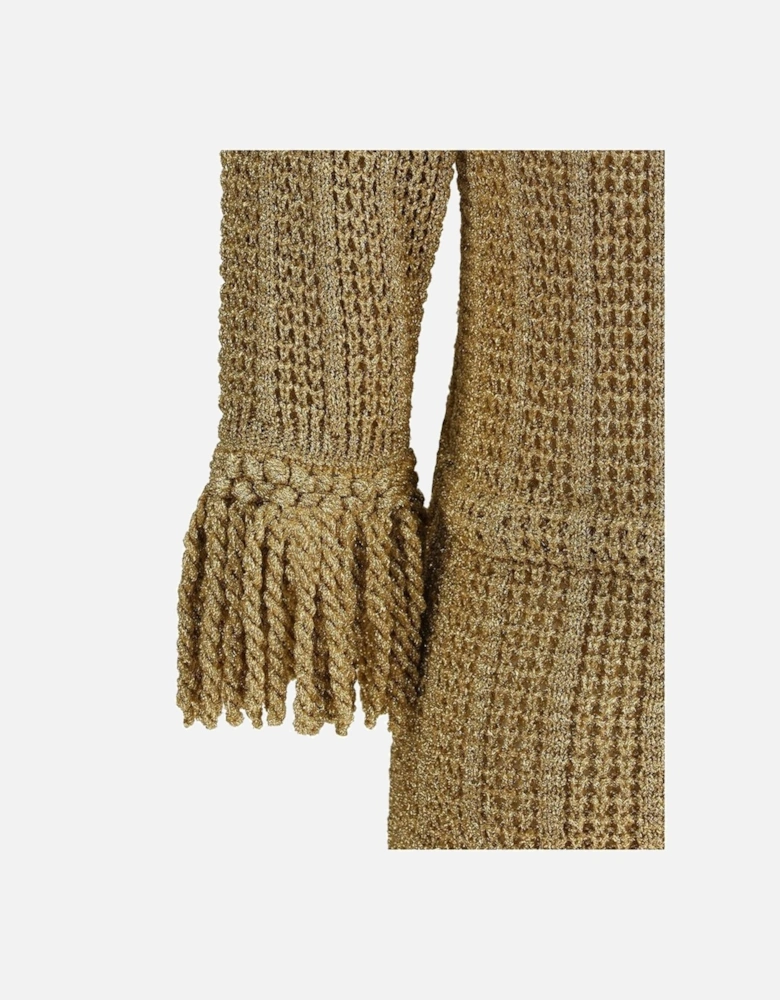 Lurex Knit V-Neck Dress with Tassel Sleeves Women - Gold Sweaters