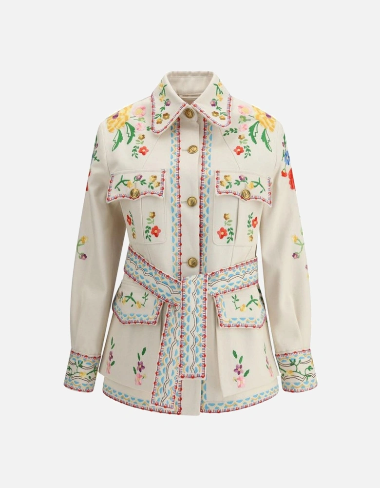 Embroidered Floral Denim Jacket with Sash Women - Multicolor Jackets