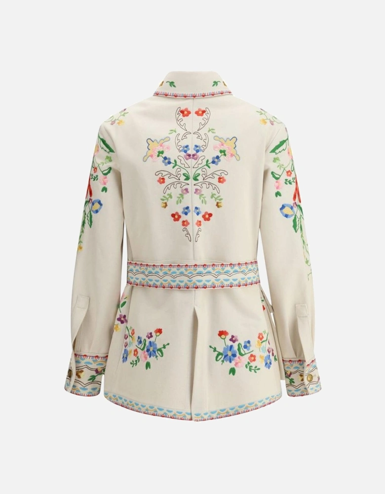 Embroidered Floral Denim Jacket with Sash Women - Multicolor Jackets