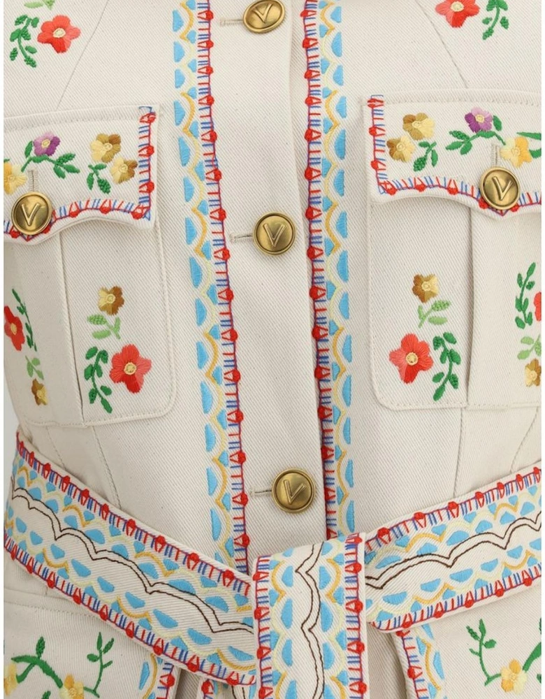 Embroidered Floral Denim Jacket with Sash Women - Multicolor Jackets