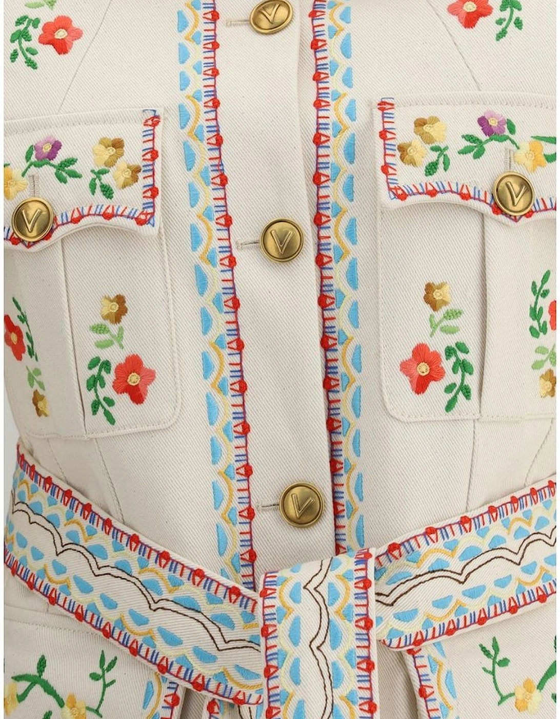 Embroidered Floral Denim Jacket with Sash Women - Multicolor Jackets