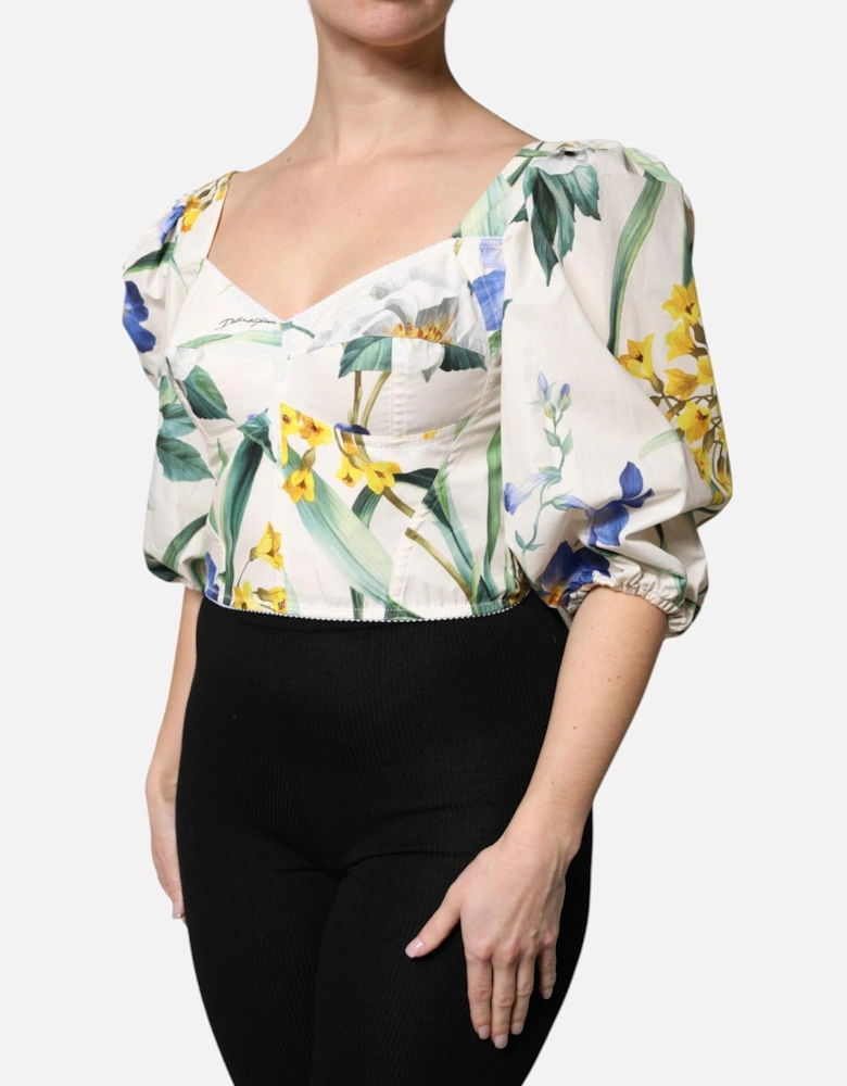 Floral Cropped Blouse with Logo Details Women - White T-Shirts