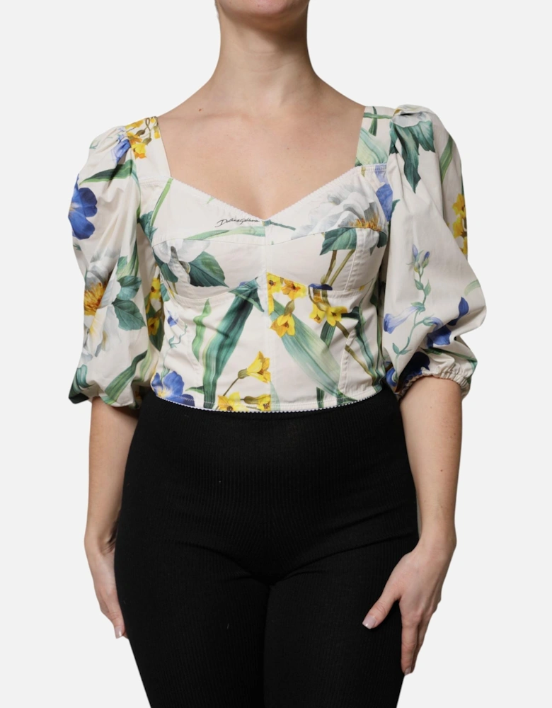 Floral Cropped Blouse with Logo Details Women - White T-Shirts
