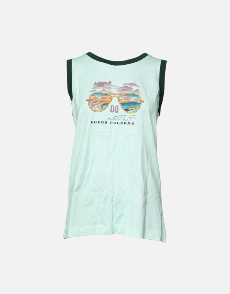 Cotton Round Neck Tank T-Shirt with Print Women - Green