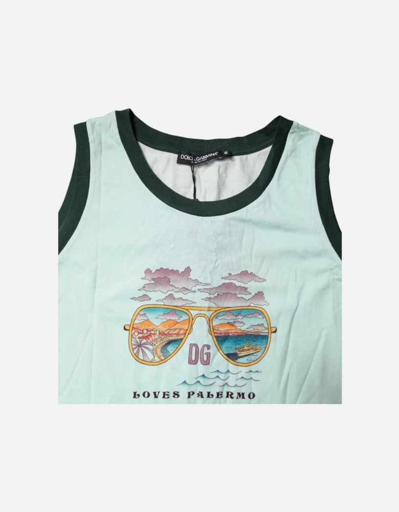 Cotton Round Neck Tank T-Shirt with Print Women - Green