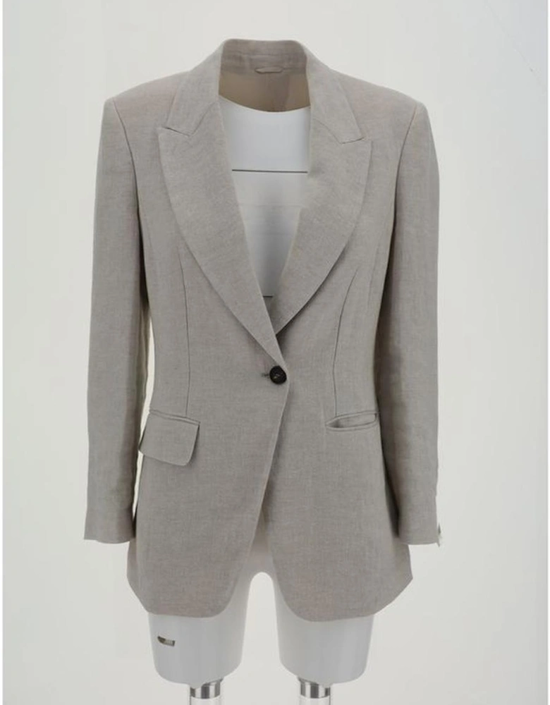 Single-Breasted Linen Blazer with Peaked Lapels Women - Gray Suits