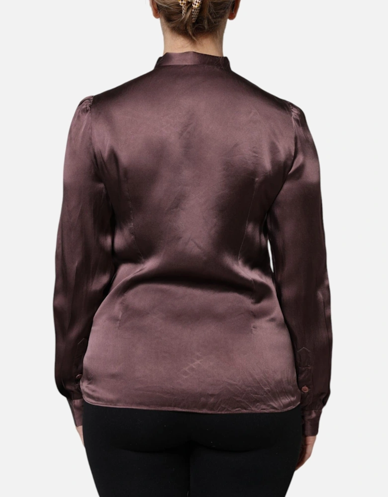 Ascot Collar Silk Blouse Top Women - Brown T-Shirts