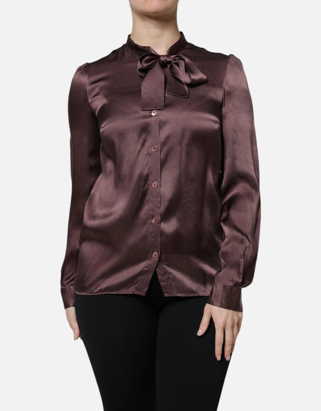 Ascot Collar Silk Blouse Top Women - Brown T-Shirts, 6 of 5