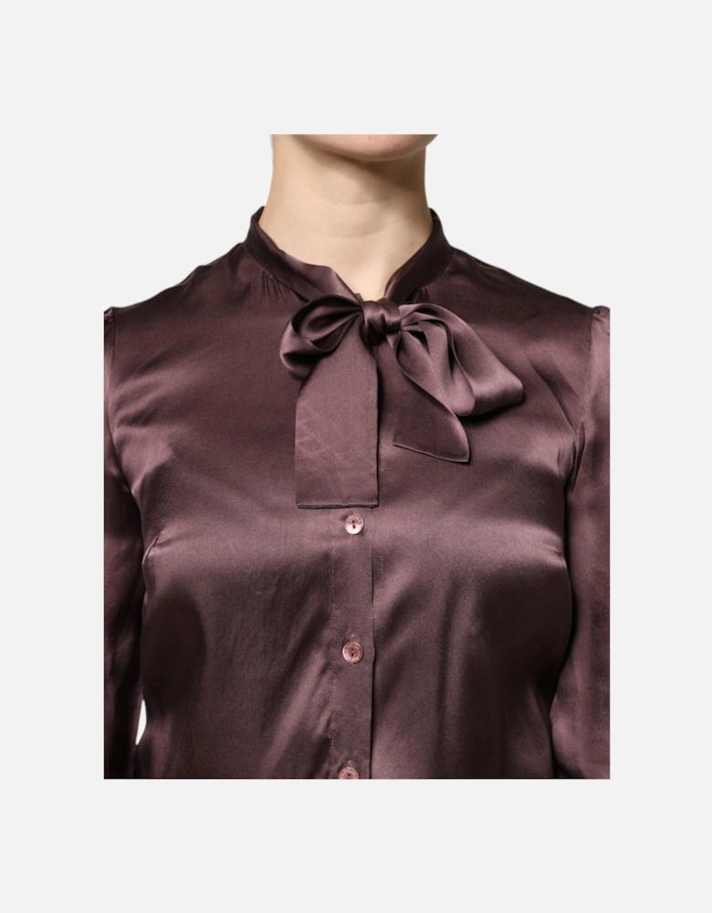 Ascot Collar Silk Blouse Top Women - Brown T-Shirts